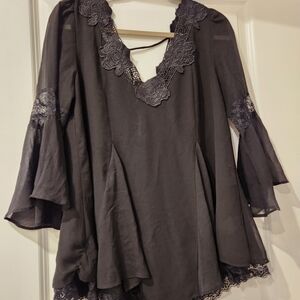Free People Black Textured Fancy Blouse With lace and embroidered details.